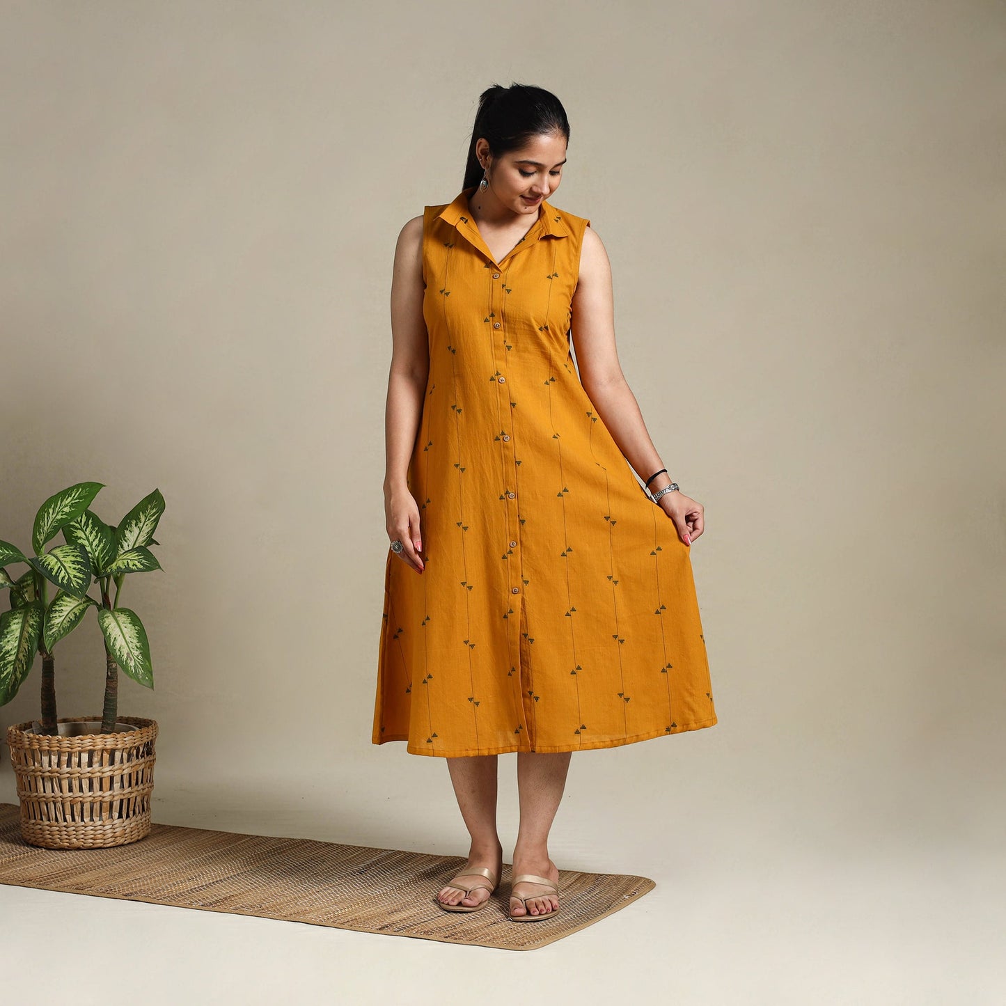 Orange Button Down Cotton Jacquard Dress
