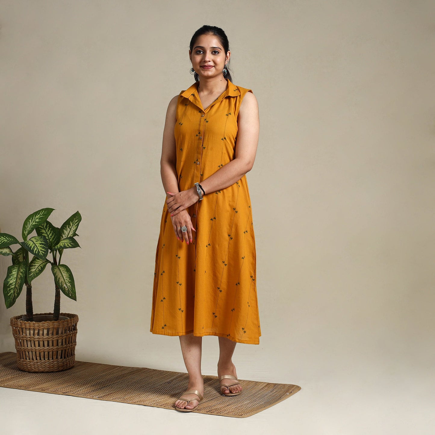 Orange Button Down Cotton Jacquard Dress