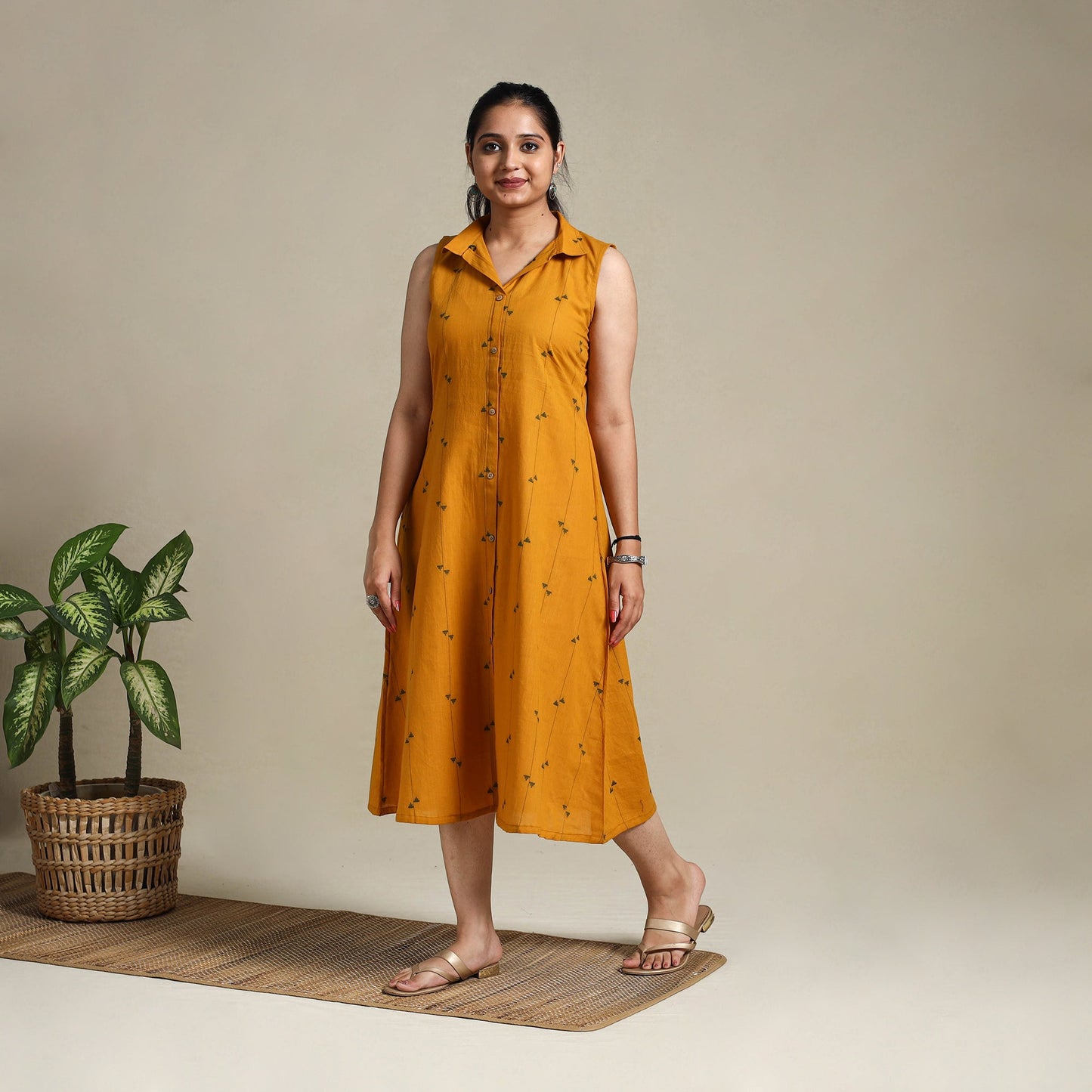 Orange Button Down Cotton Jacquard Dress