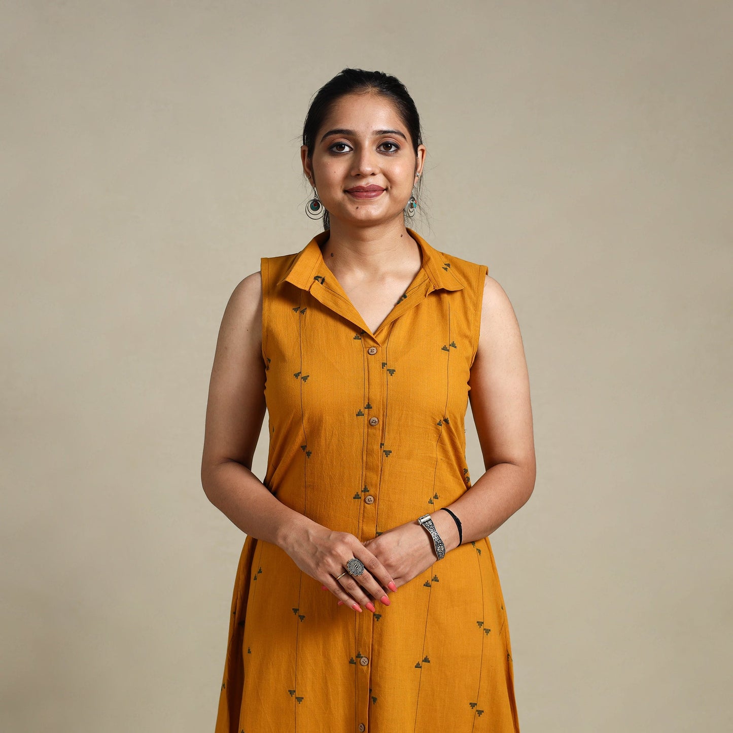 Orange Button Down Cotton Jacquard Dress