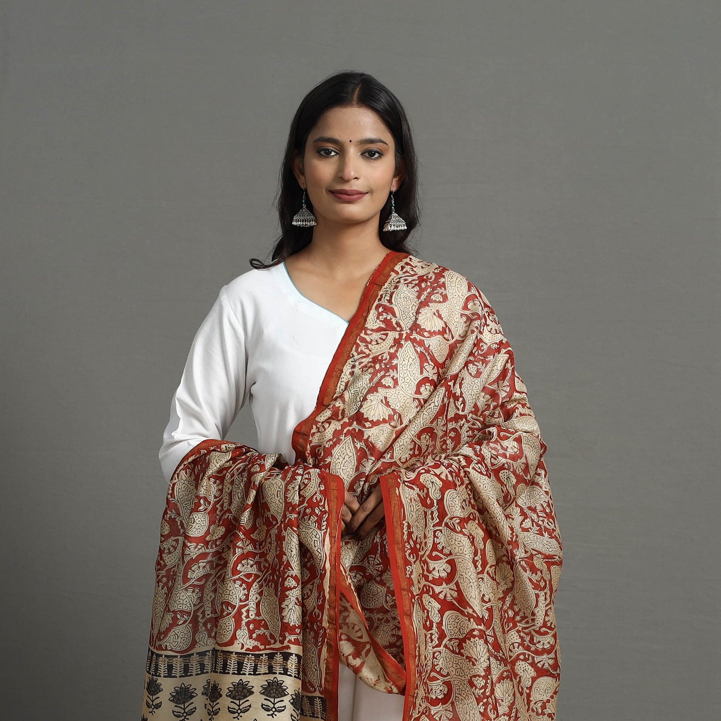 Buy Orange Chanderi Silk Bagru Print Dupatta with Zari Border 