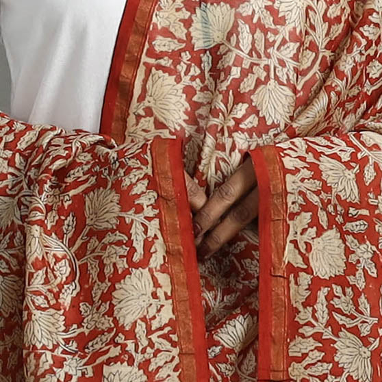 Buy Orange Chanderi Silk Bagru Print Dupatta with Zari Border 