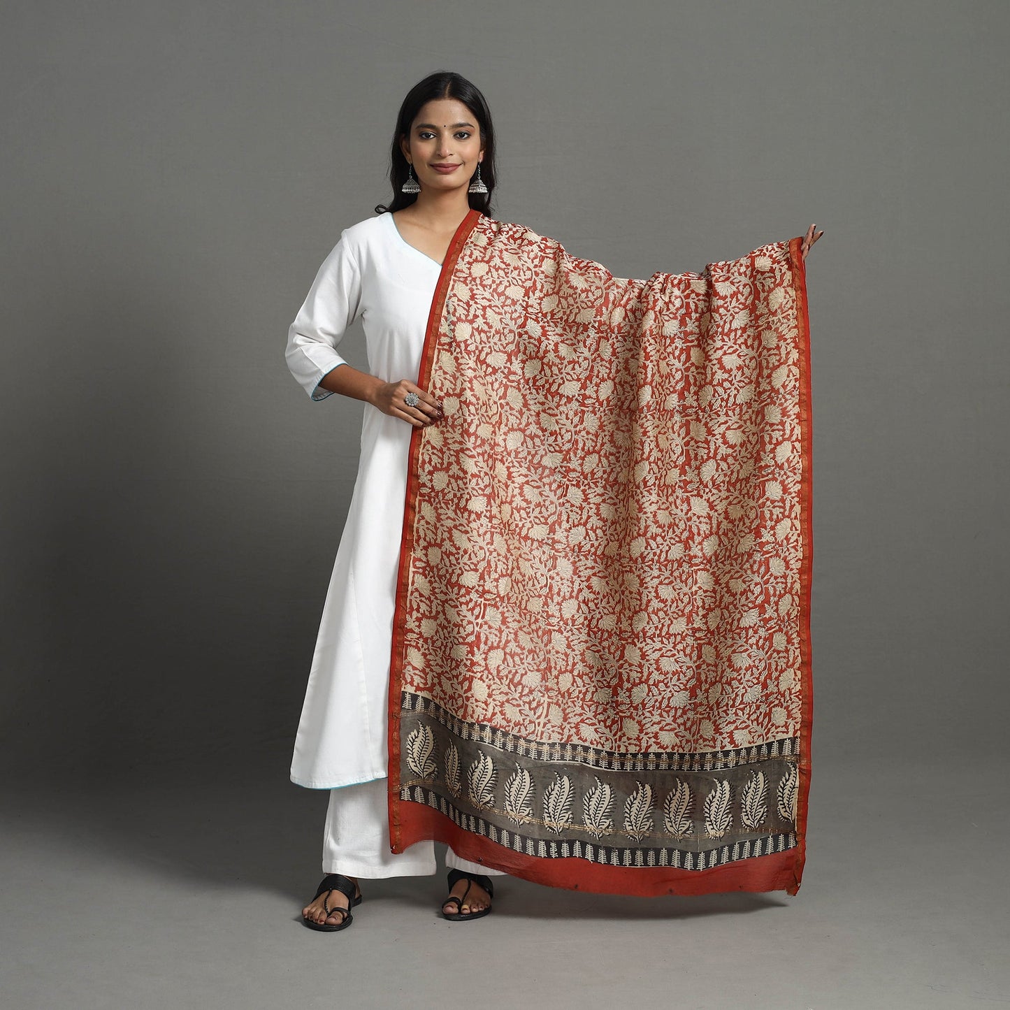 Buy Orange Chanderi Silk Bagru Print Dupatta with Zari Border 