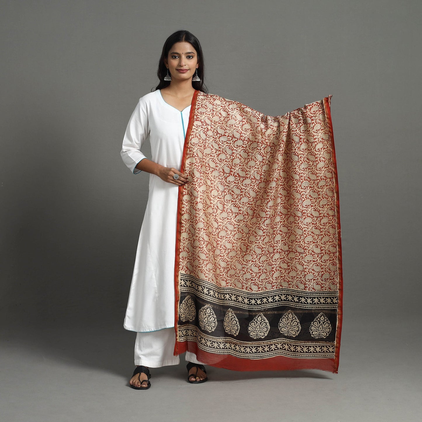 Buy Orange Chanderi Silk Bagru Print Dupatta with Zari Border 