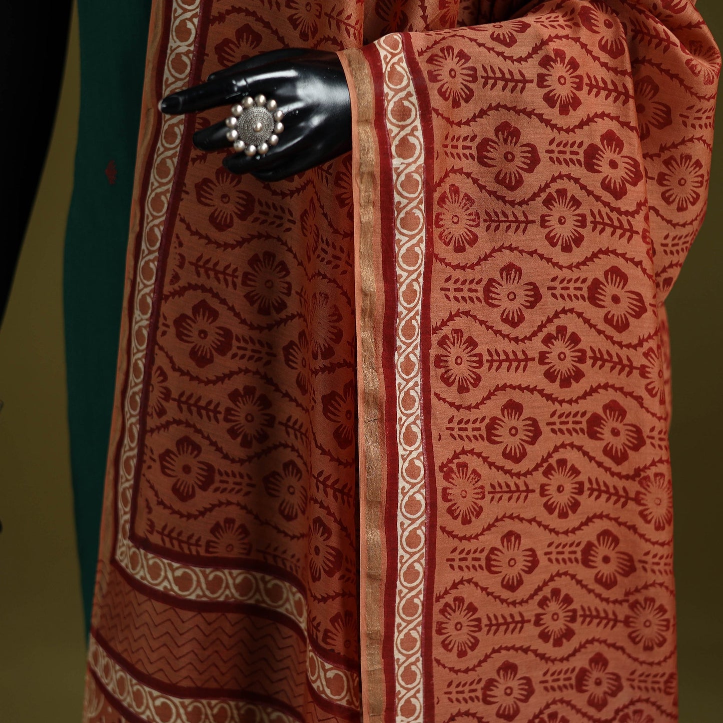 Orange - chanderi silk hand bagru dupatta with zari border