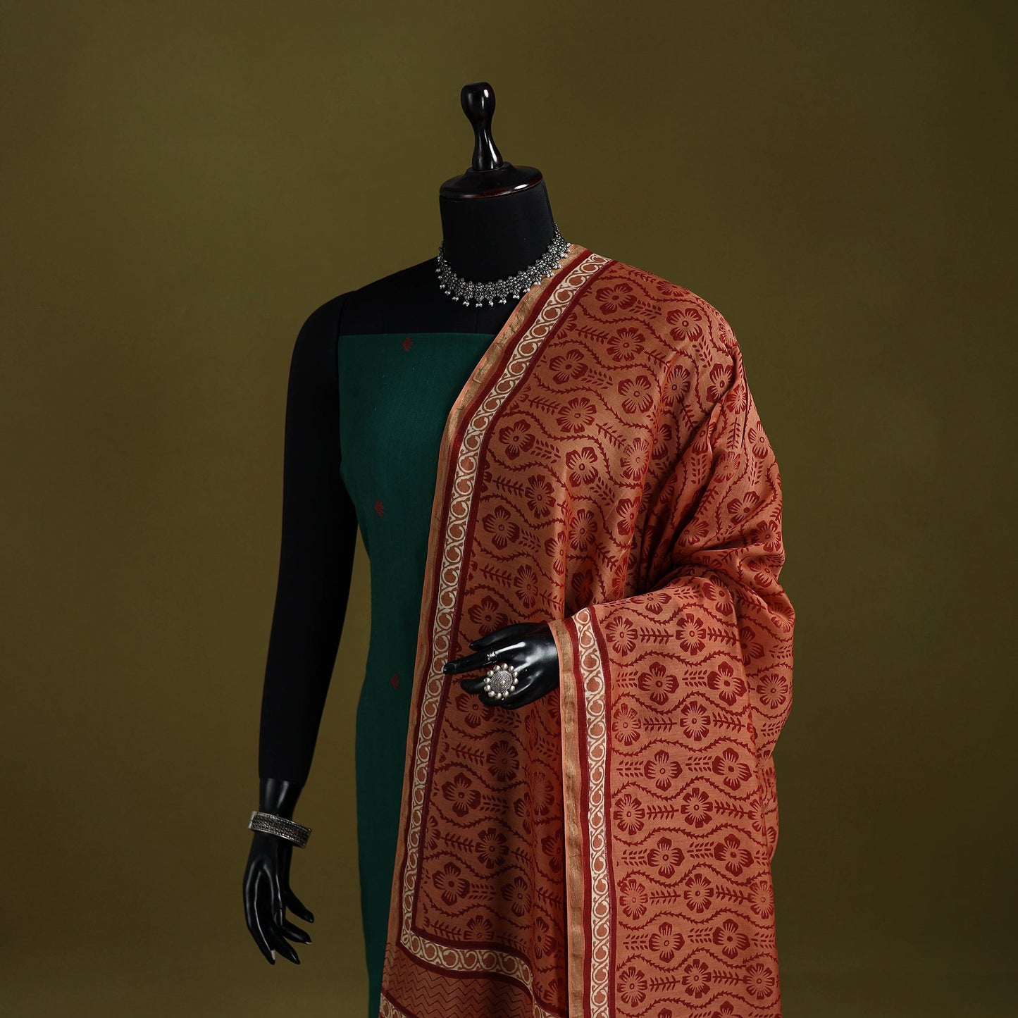 Orange - chanderi silk hand bagru dupatta with zari border