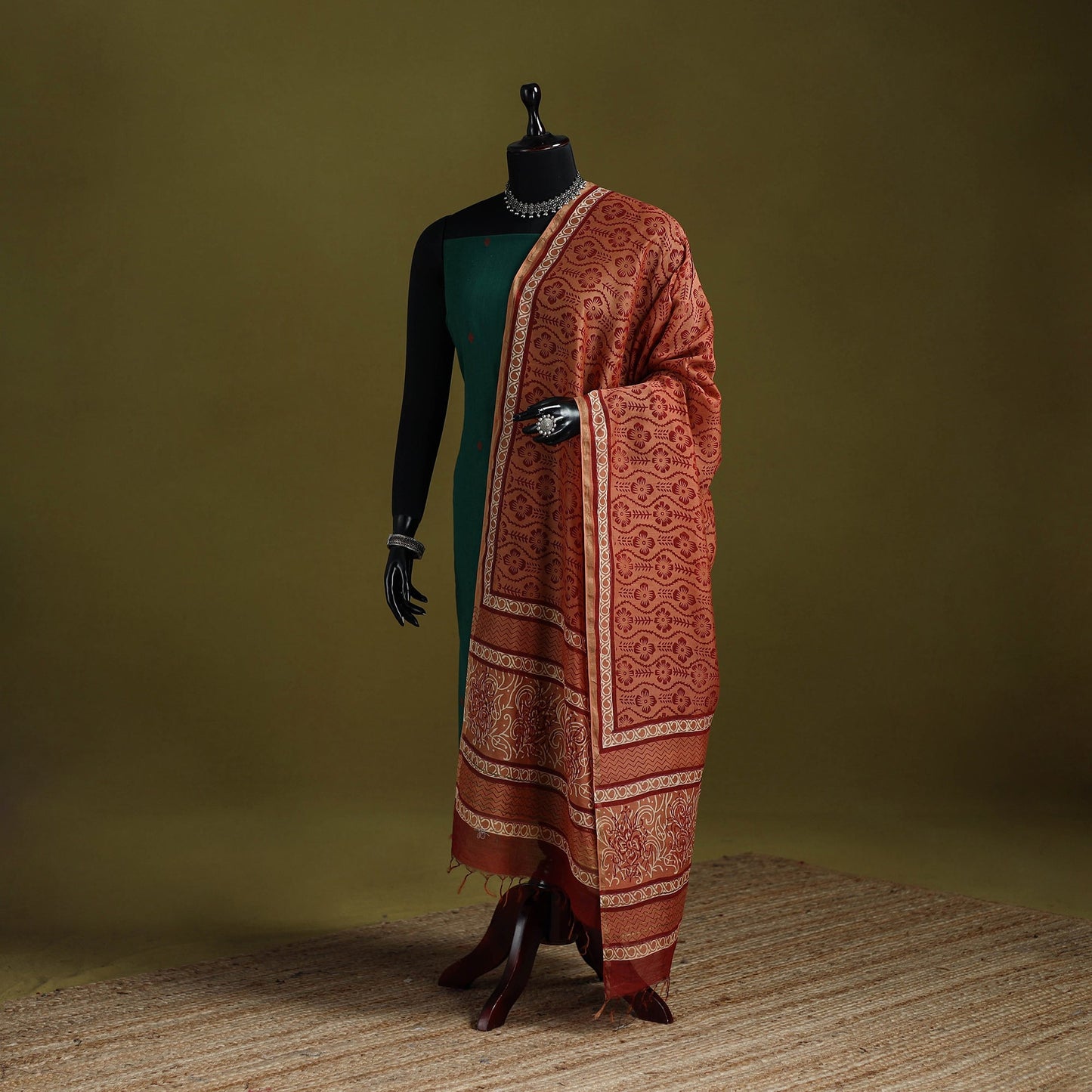Orange - chanderi silk hand bagru dupatta with zari border