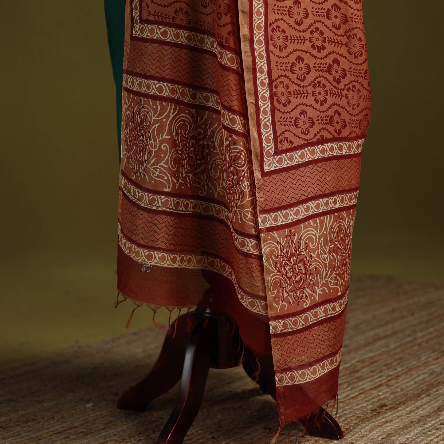 Orange - chanderi silk hand bagru dupatta with zari border
