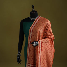Orange - chanderi silk hand bagru dupatta with zari border