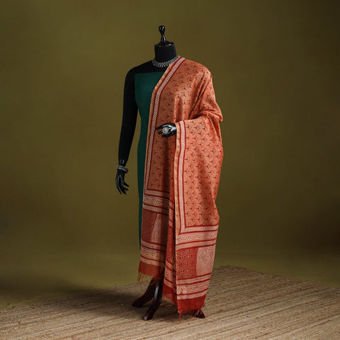 Orange - chanderi silk hand bagru dupatta with zari border