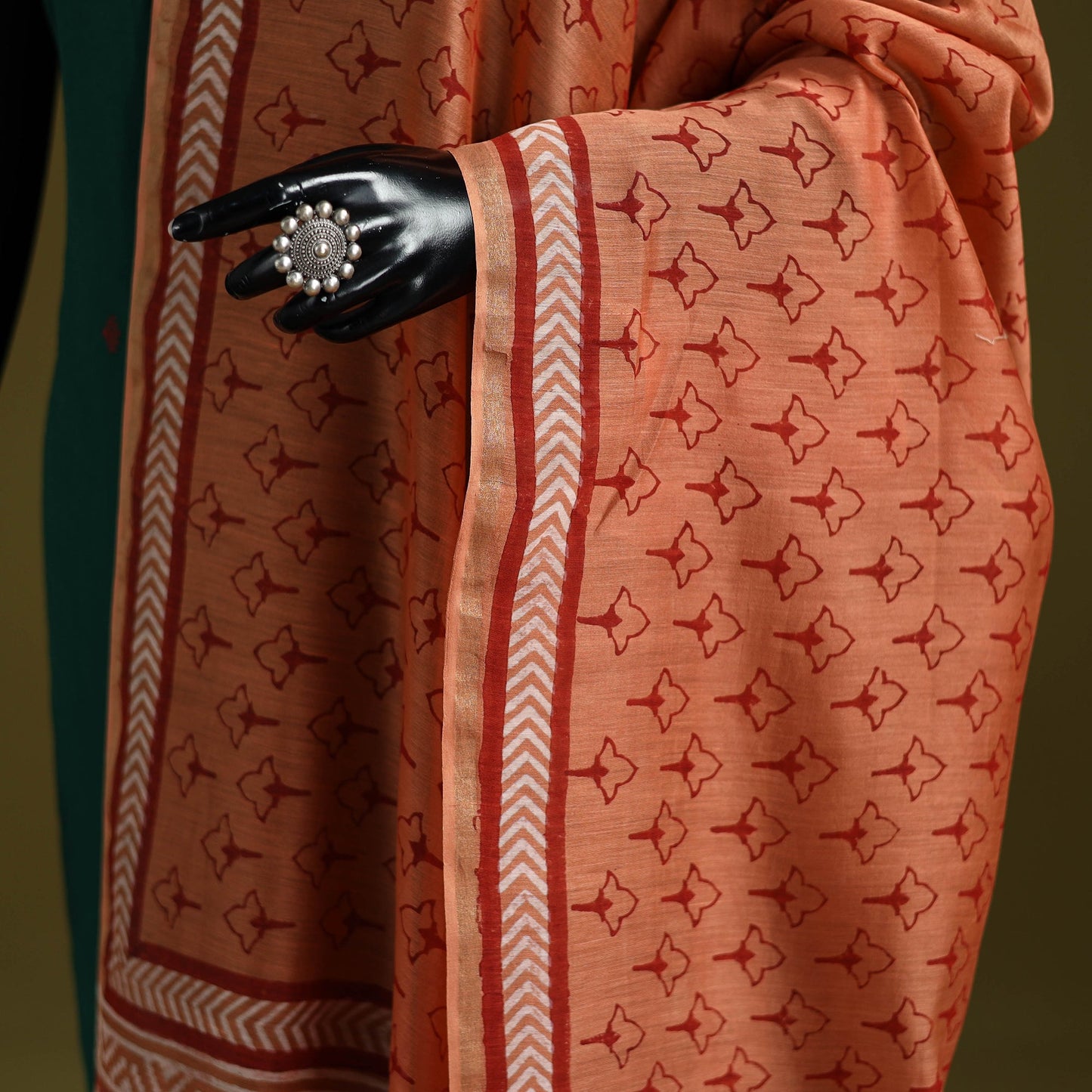 Orange - chanderi silk hand bagru dupatta with zari border