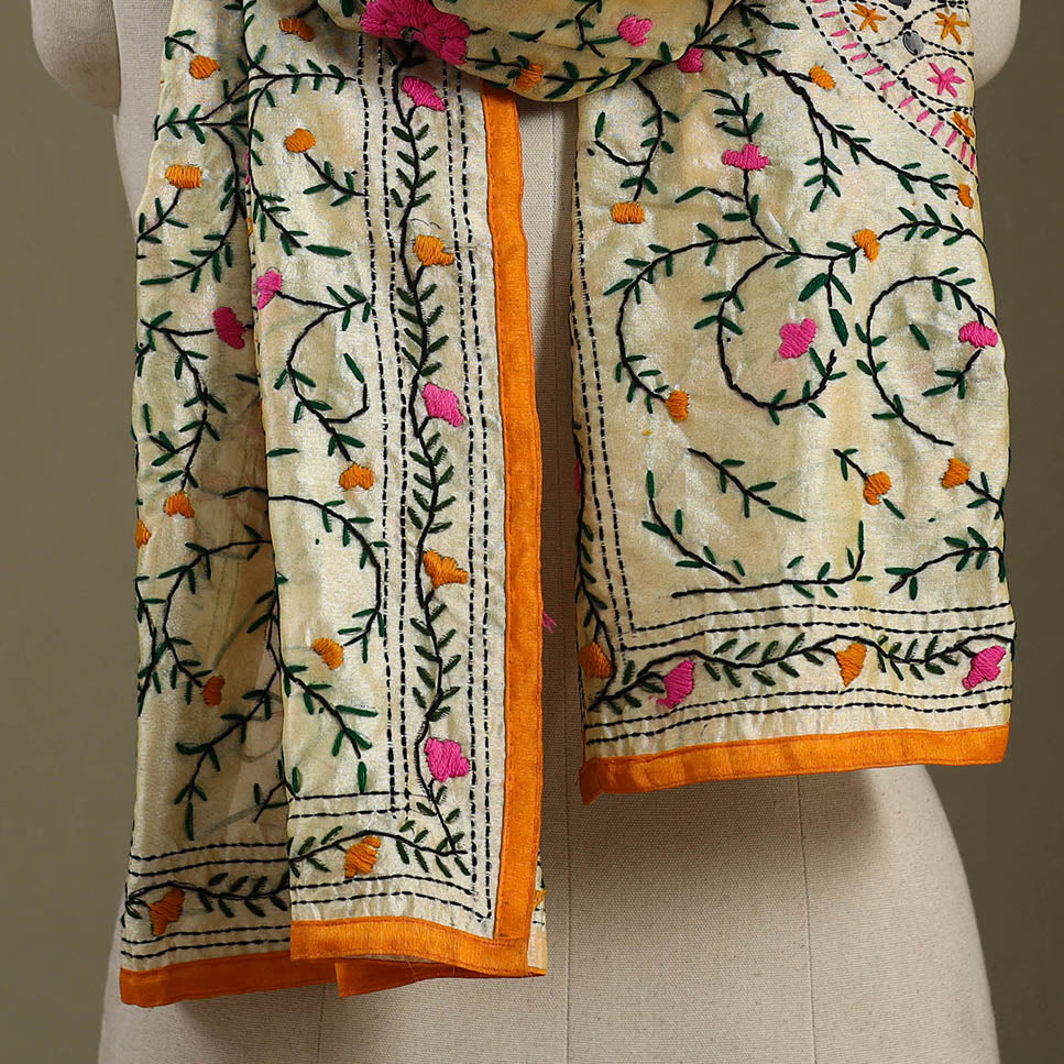 Buy Chanderi Silk Phulkari Hand Embroidered Stole