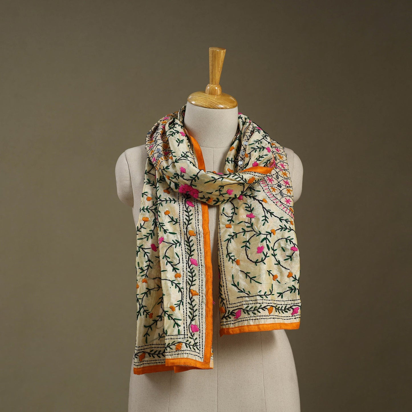 Buy Chanderi Silk Phulkari Hand Embroidered Stole