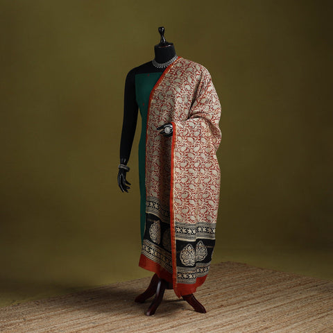 Orange - chanderi silk hand bagru dupatta with zari border