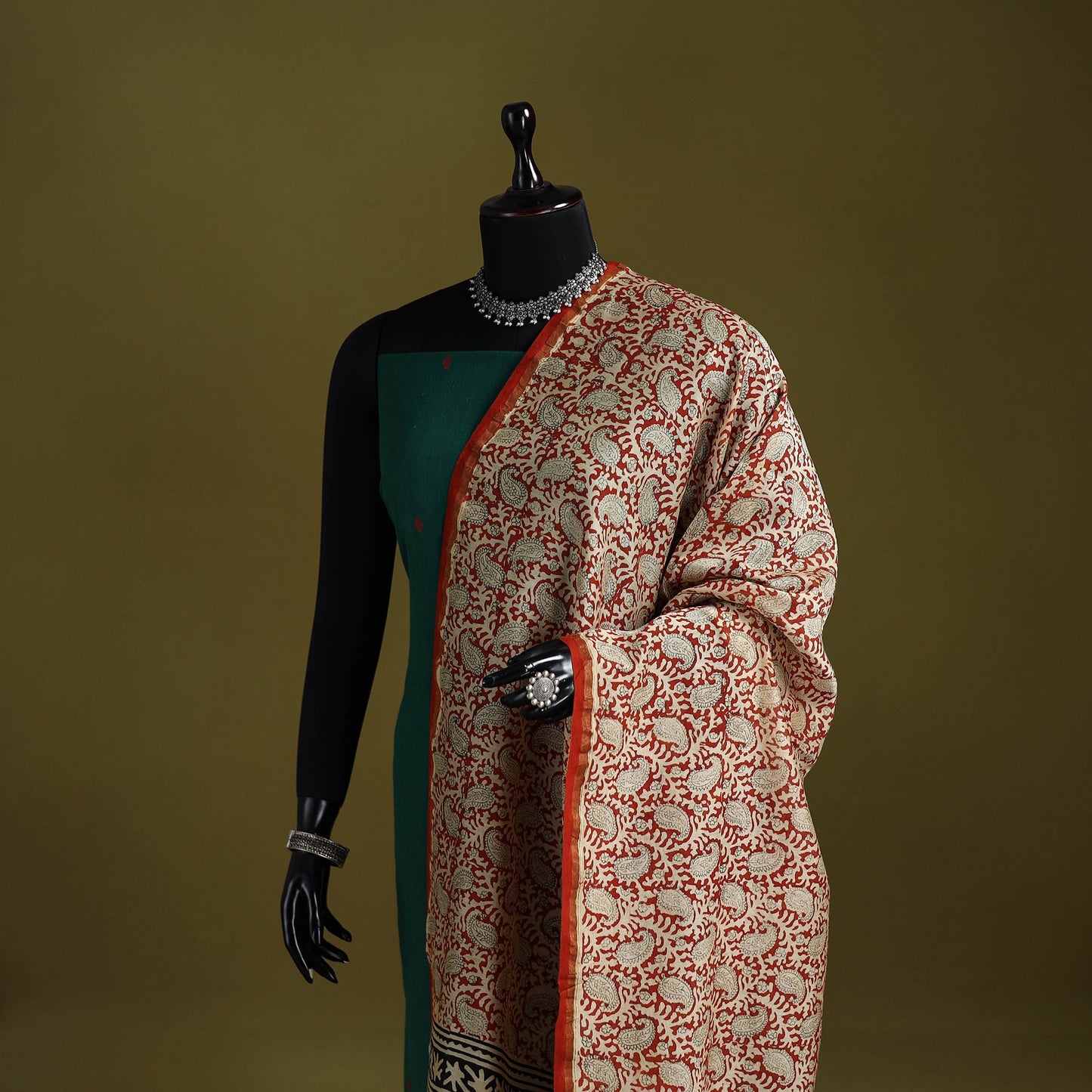 Orange - chanderi silk hand bagru dupatta with zari border