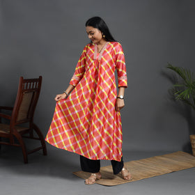 Orange - chanderi silk a-line lacework tie-dye leheriya