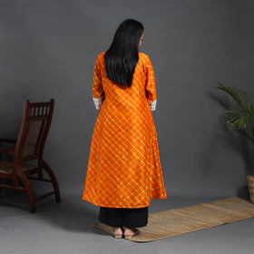 Orange - chanderi silk a-line patchwork tie-dye leheriya