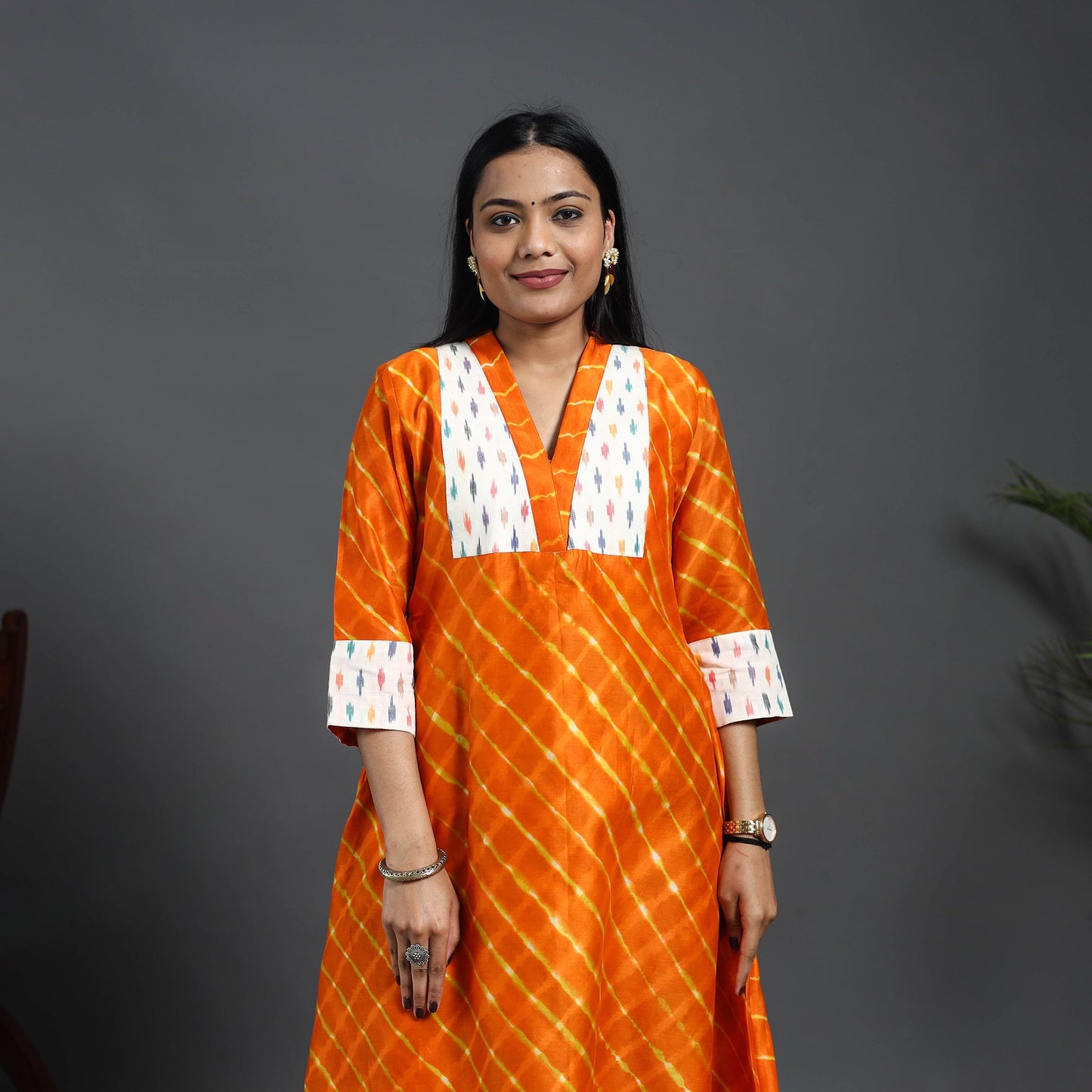 Orange - chanderi silk a-line patchwork tie-dye leheriya