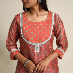  Orange Block Print Chanderi Silk Sanganeri Kurta Set