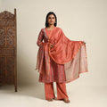  Orange Block Print Chanderi Silk Sanganeri Kurta Set