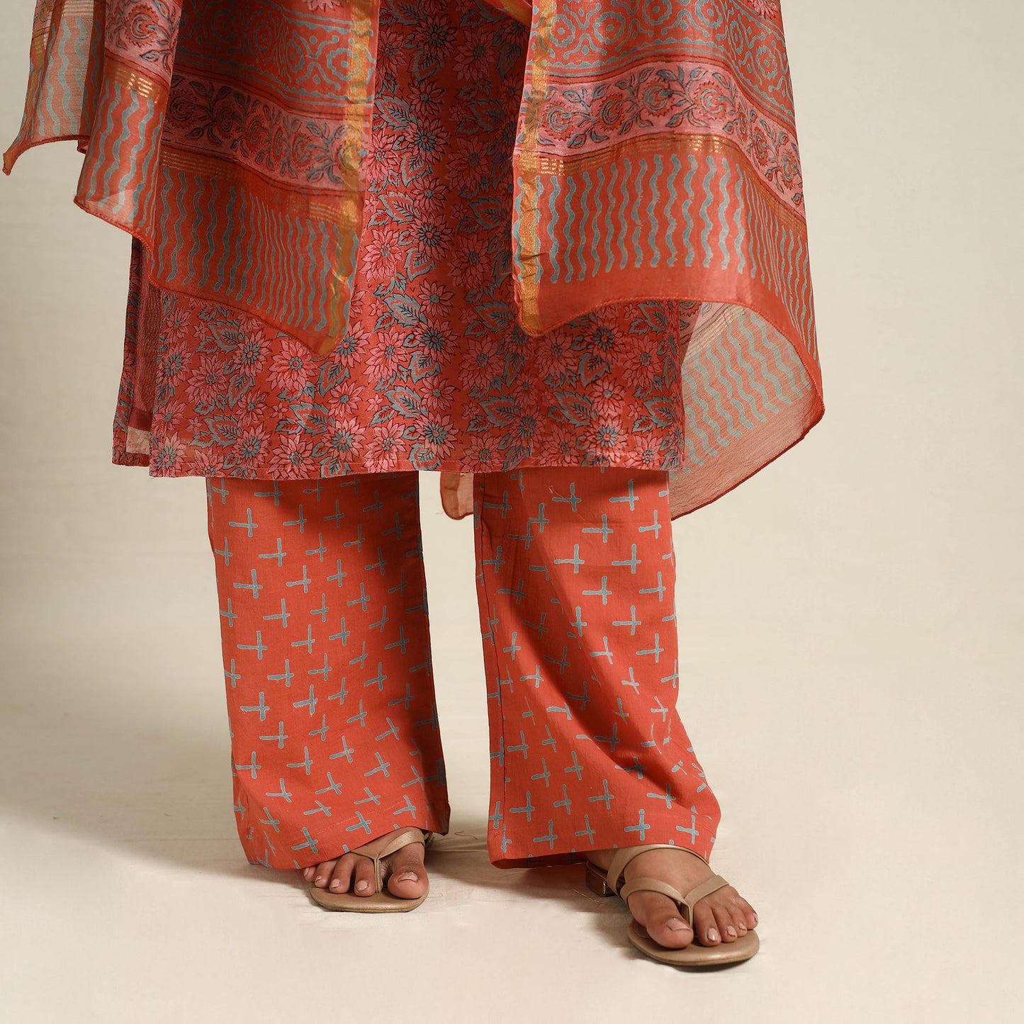  Orange Block Print Chanderi Silk Sanganeri Kurta Set