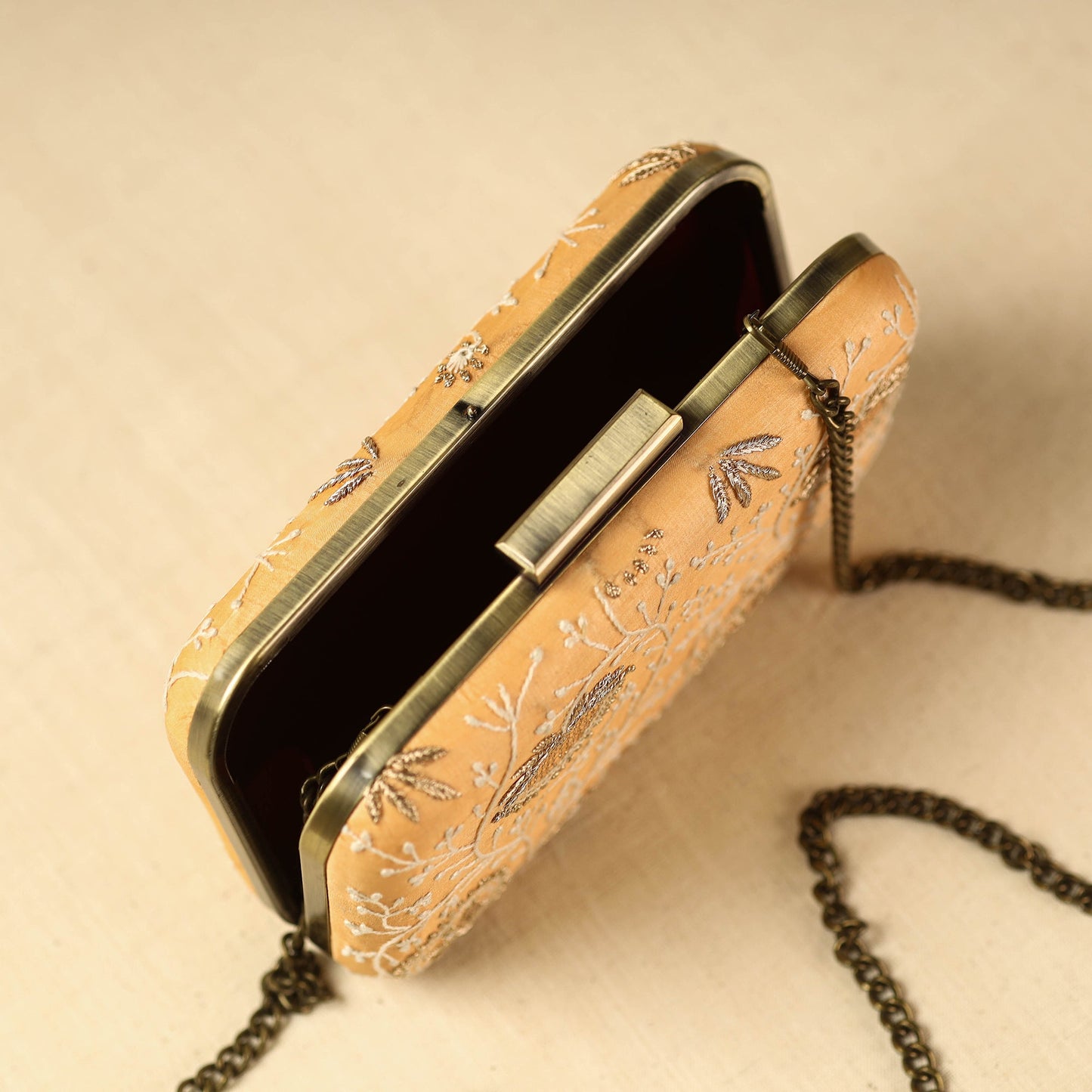 Orange Chikankari Hand Embroidered Tussar Silk Clutch/Sling Bag