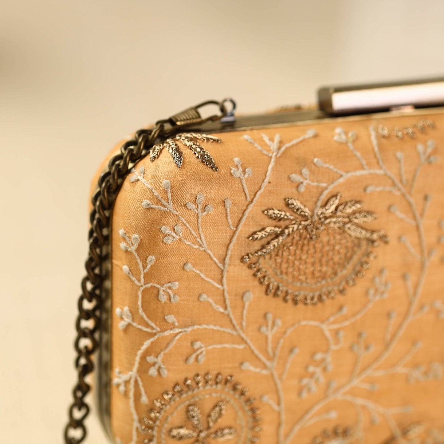 Orange Chikankari Hand Embroidered Tussar Silk Clutch/Sling Bag