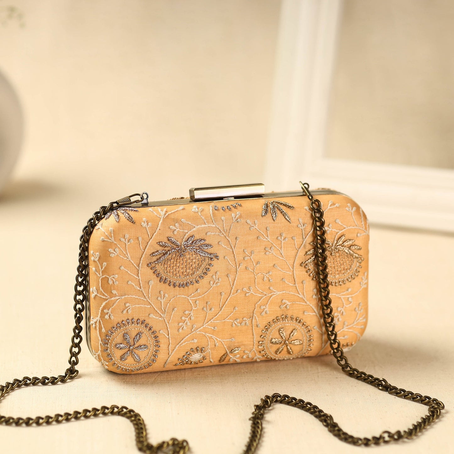 Orange Chikankari Hand Embroidered Tussar Silk Clutch/Sling Bag