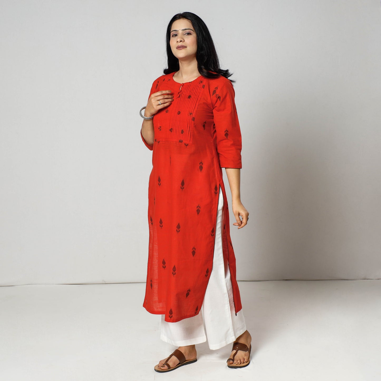  Jacquard Cotton Pintuck Long Kurta for Women