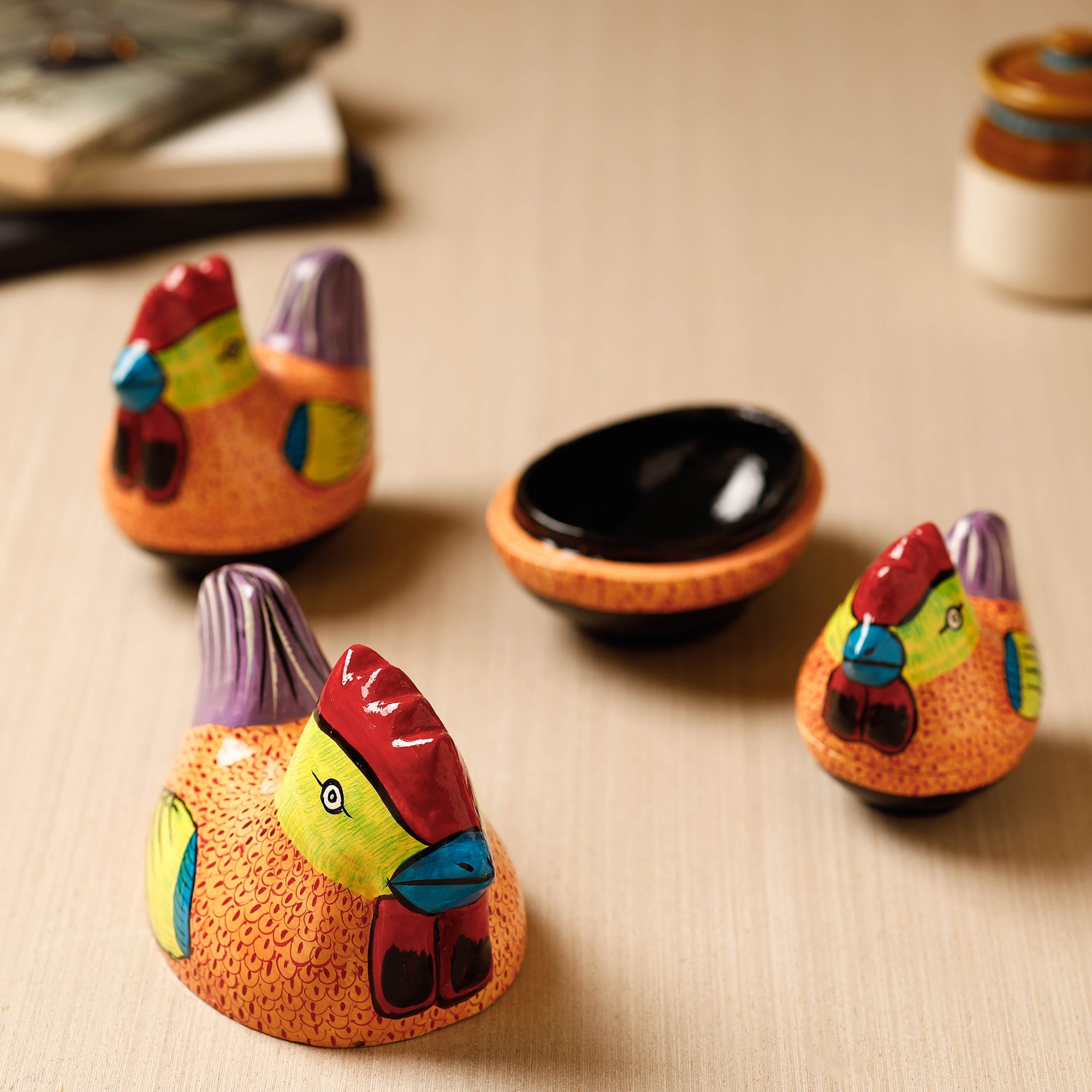 Cock - Kashmiri Handpainted Papier Mache Orange Multipurpose Boxes (Set of 3 - Small, Medium, Large)