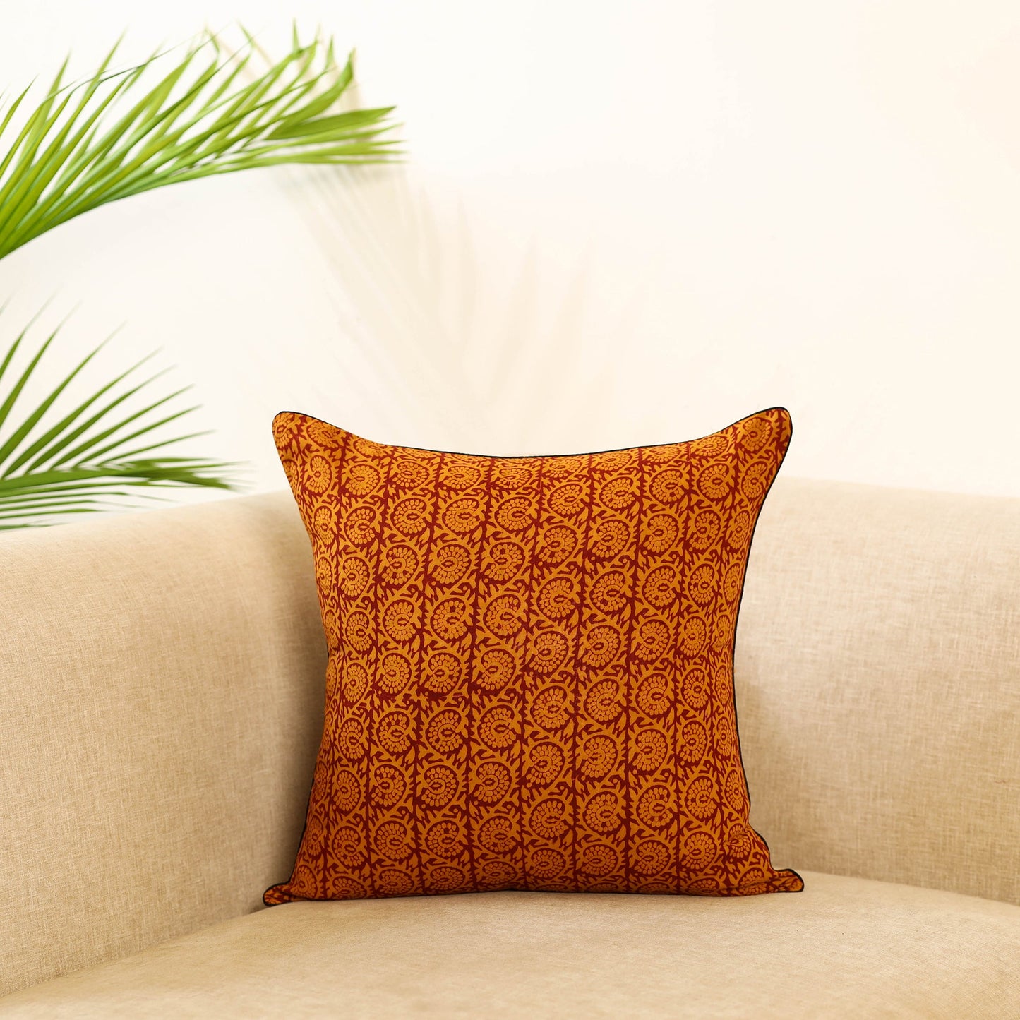 Orange Block Print Cotton Bagh Cushion Cover