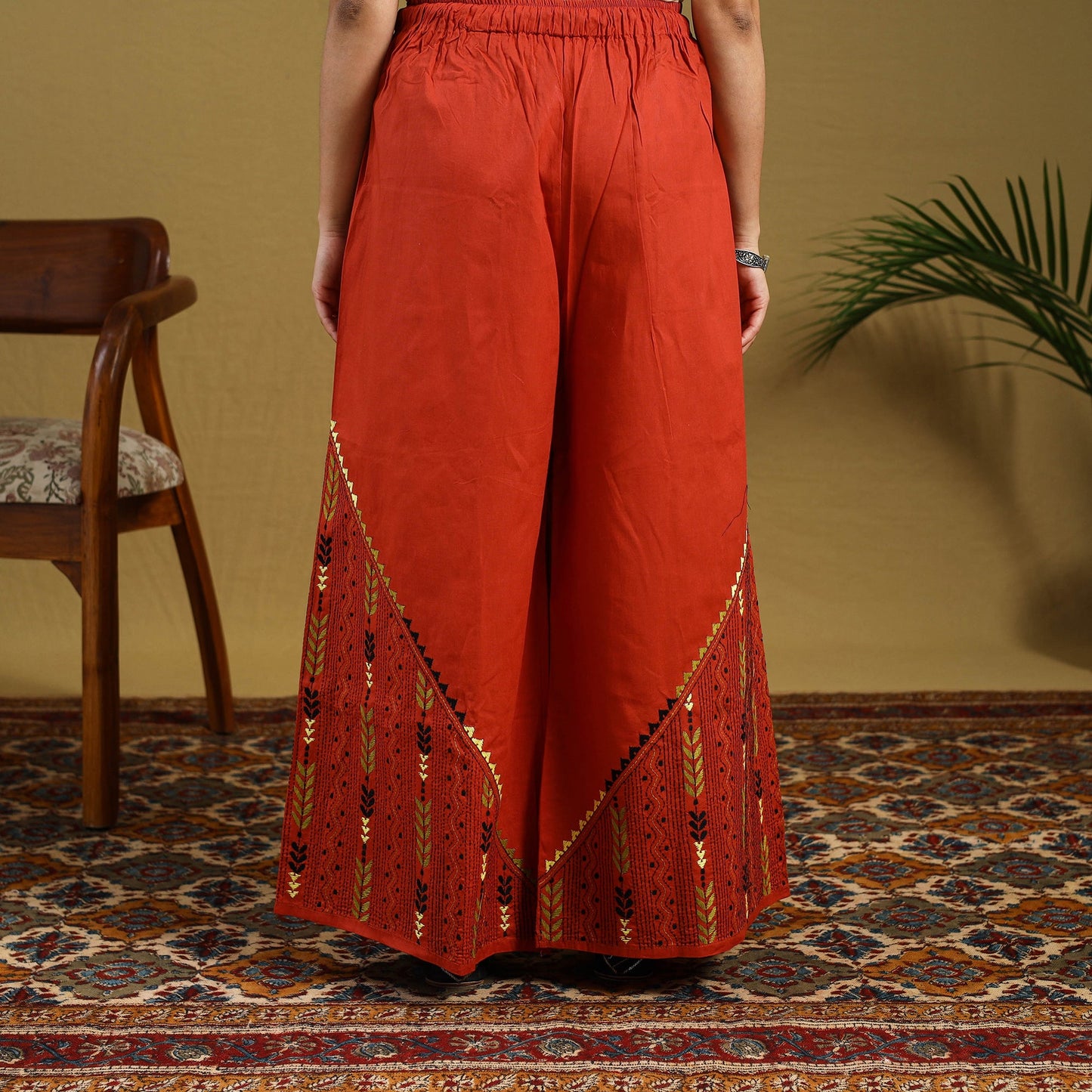 Buy Orange Cotton Bengal Kantha Hand Embroidery Palazzo