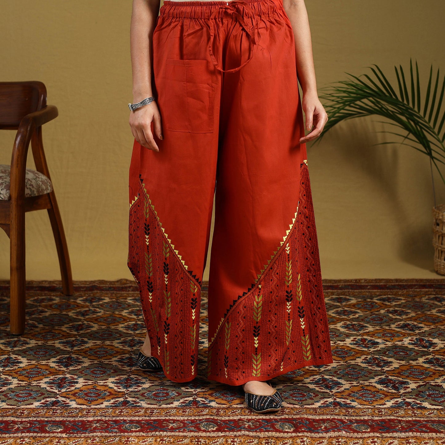 Buy Orange Cotton Bengal Kantha Hand Embroidery Palazzo