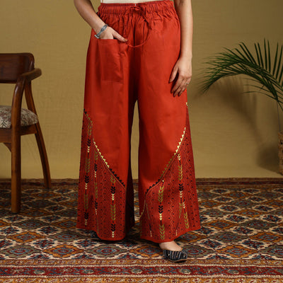 Buy Orange Cotton Bengal Kantha Hand Embroidery Palazzo