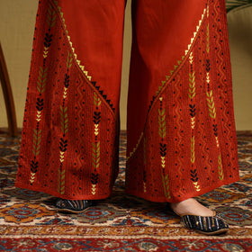 Buy Orange Cotton Bengal Kantha Hand Embroidery Palazzo