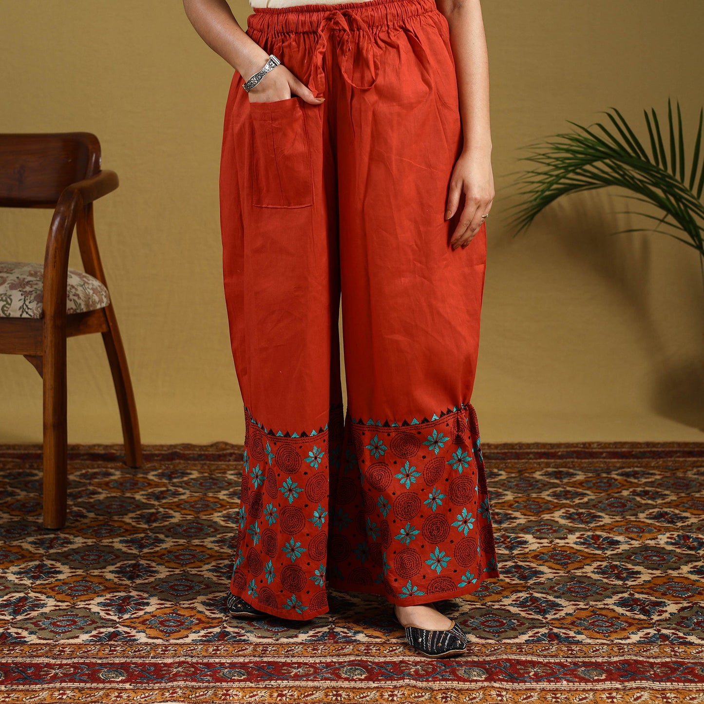 Orange - cotton bengal kantha hand embroidery palazzo 56