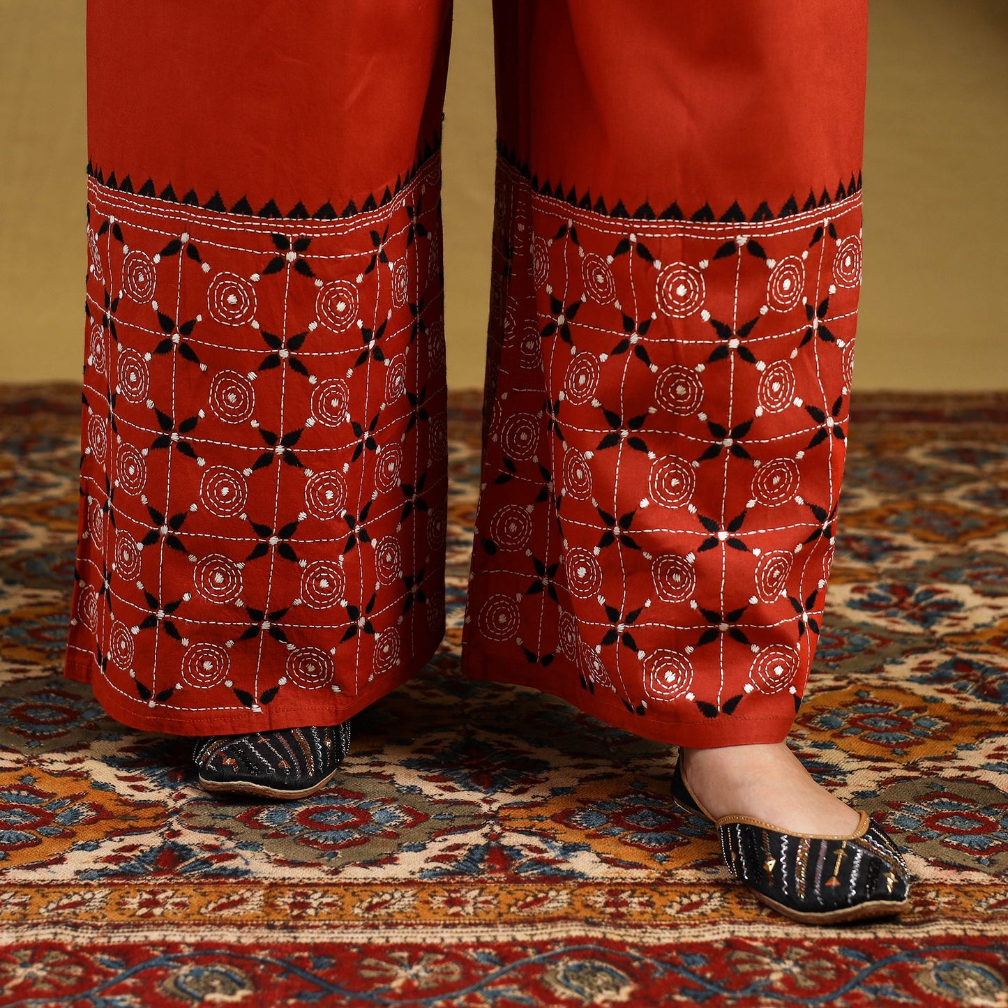 Buy Orange Cotton Bengal Kantha Hand Embroidery Palazzo