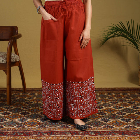 Buy Orange Cotton Bengal Kantha Hand Embroidery Palazzo