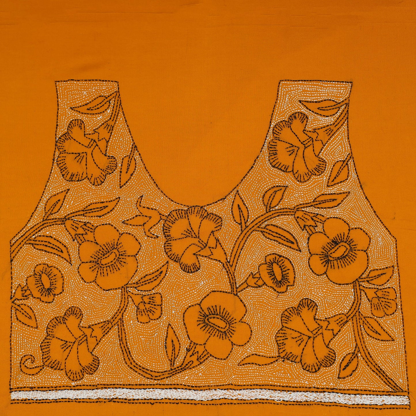 Orange Cotton Bengal Kantha Stitch Blouse Piece 