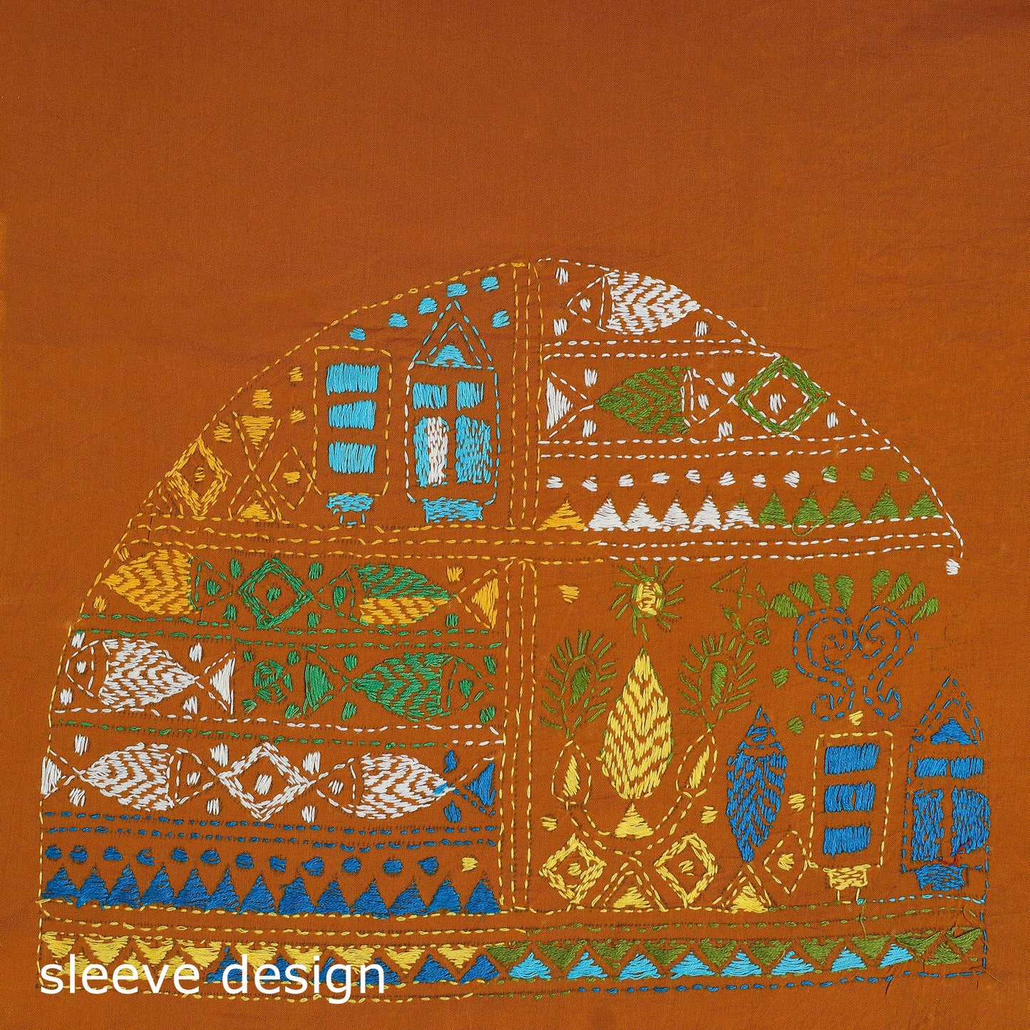 Orange Cotton Bengal Kantha Stitch Blouse Piece 