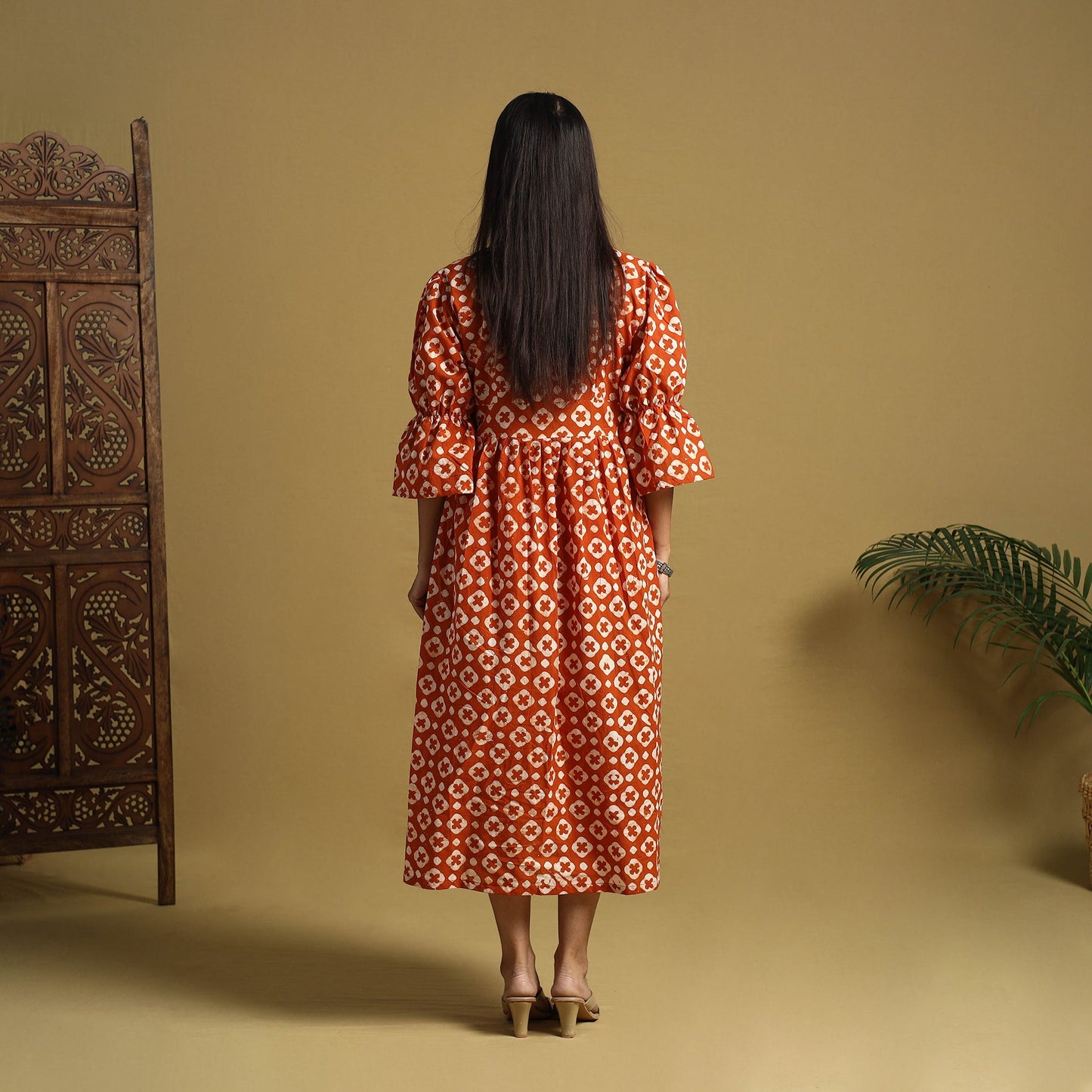 Orange Cotton Button Down Hand Batik Print Dress