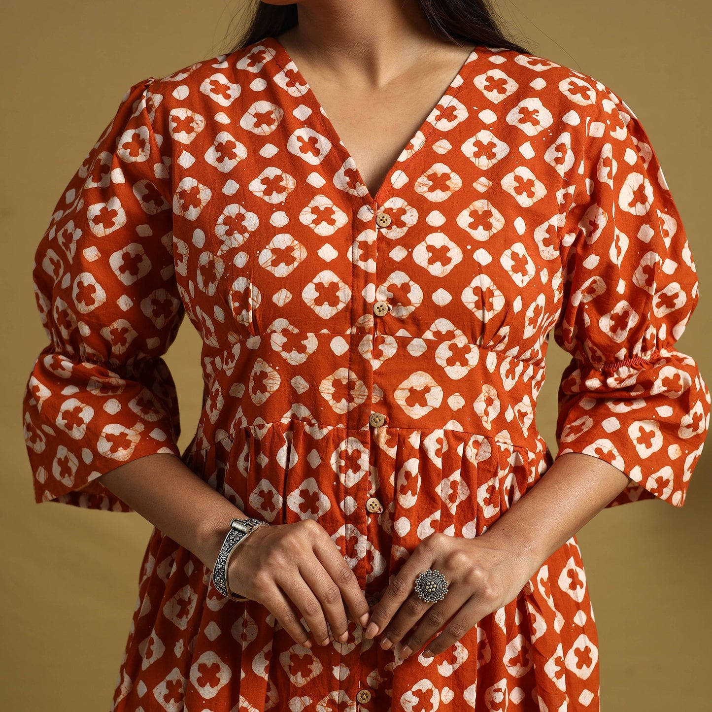 Orange Cotton Button Down Hand Batik Print Dress