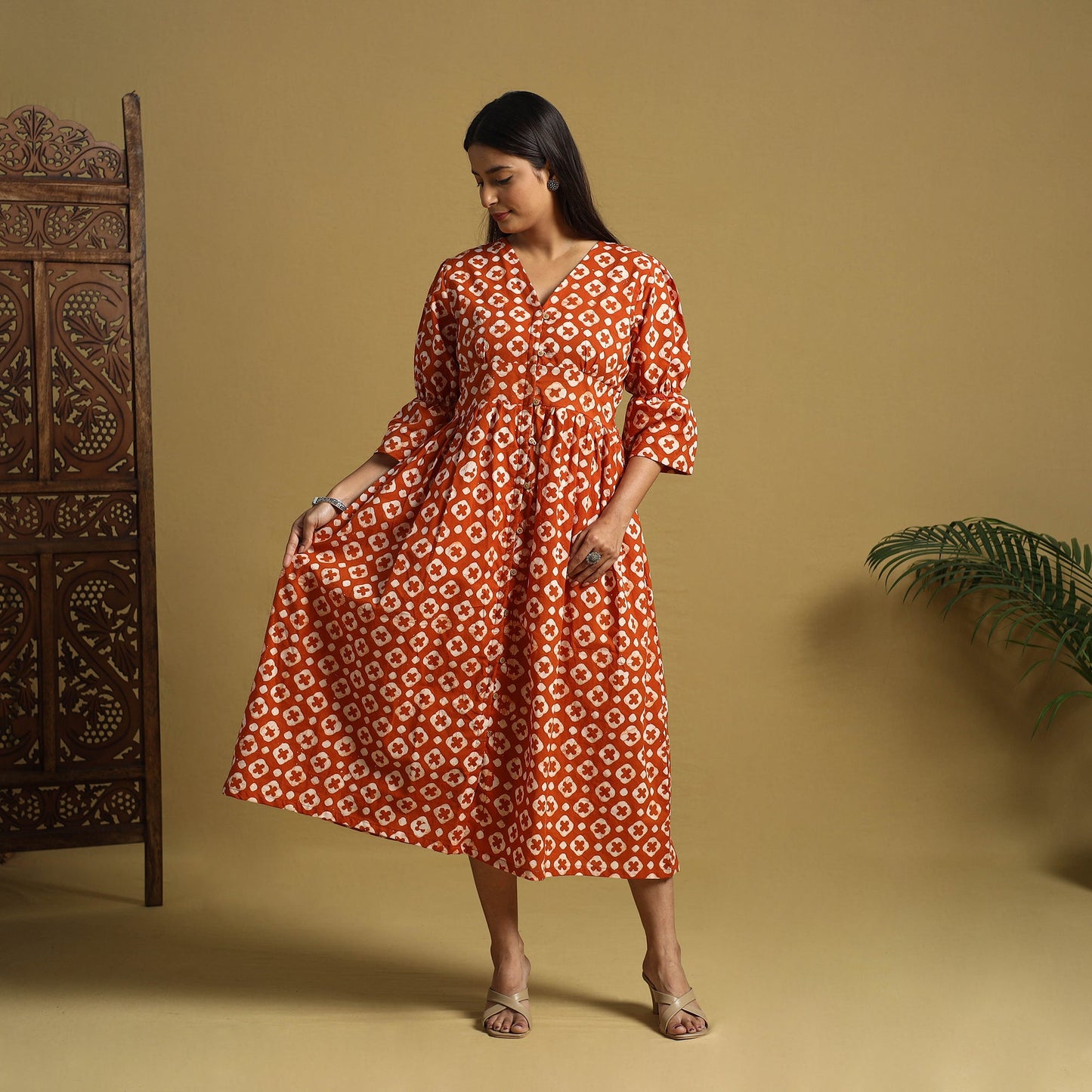 Orange Cotton Button Down Hand Batik Print Dress