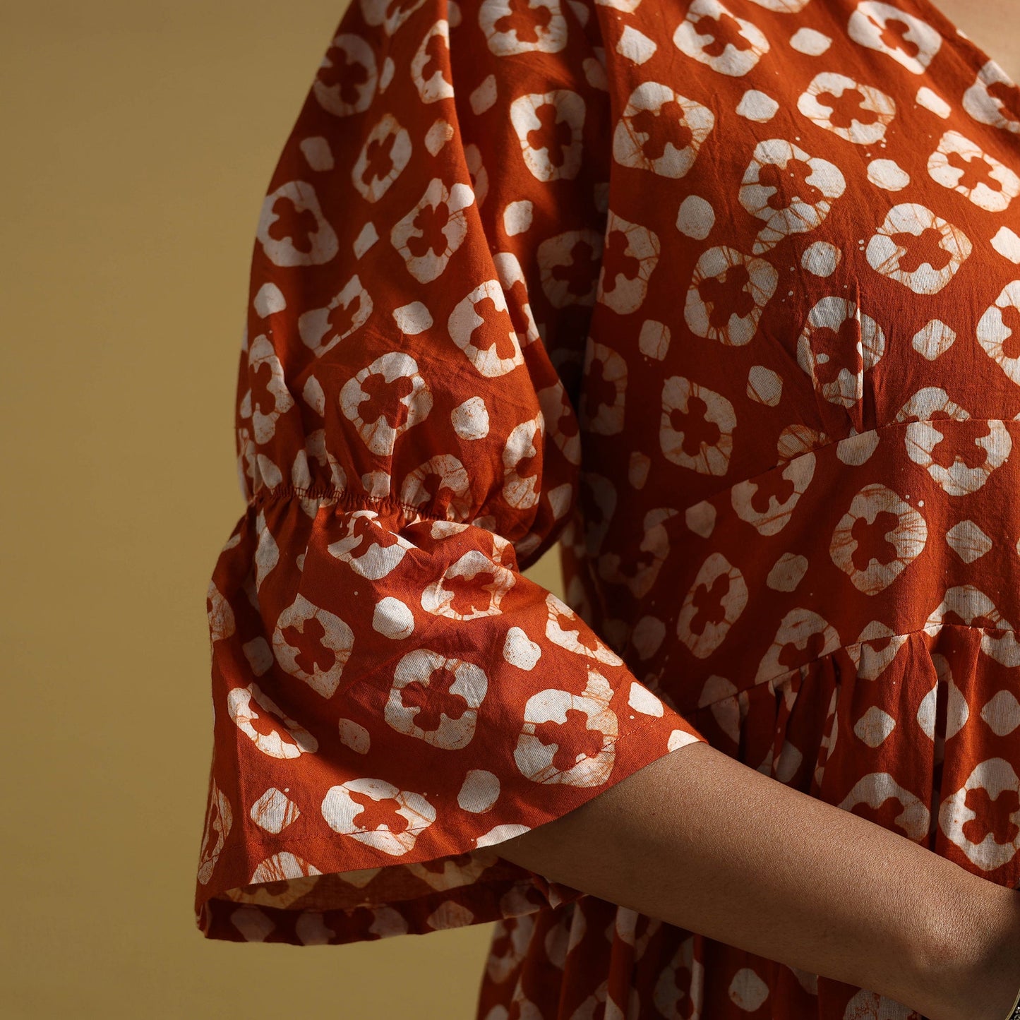 Orange Cotton Button Down Hand Batik Print Dress
