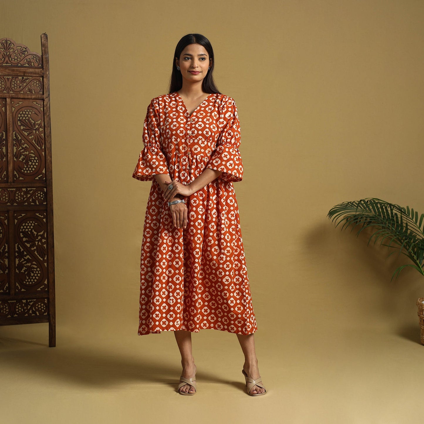 Orange Cotton Button Down Hand Batik Print Dress
