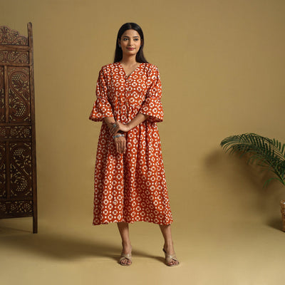 Orange Cotton Button Down Hand Batik Print Dress