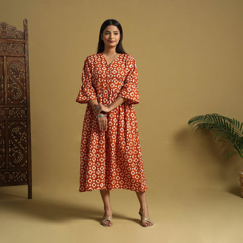 Orange Cotton Button Down Hand Batik Print Dress