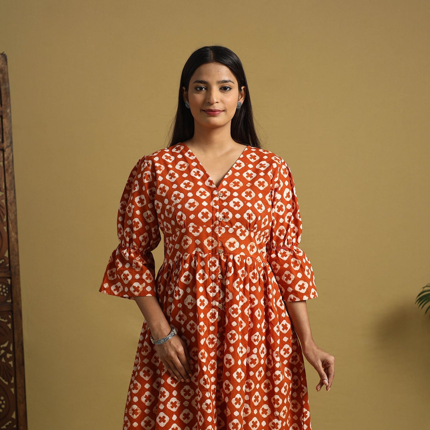Orange Cotton Button Down Hand Batik Print Dress