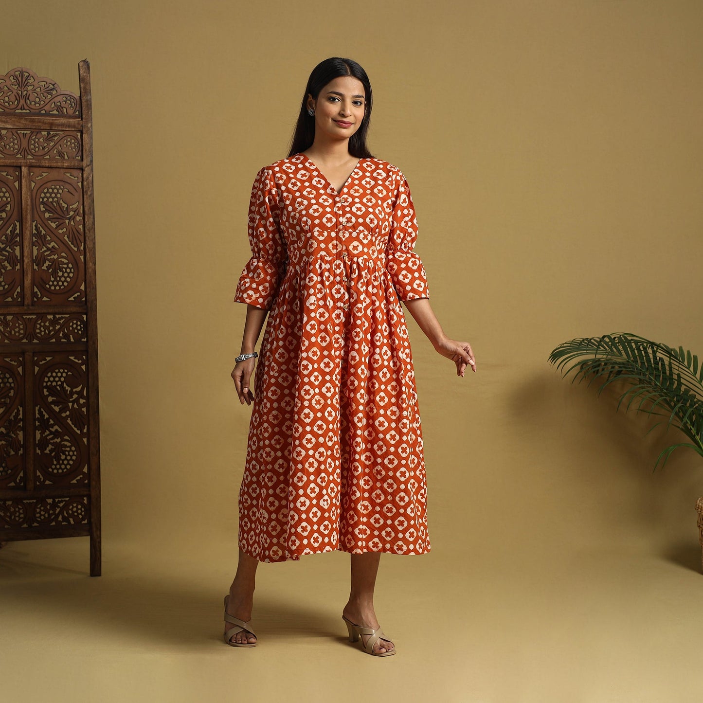 Orange Cotton Button Down Hand Batik Print Dress