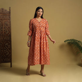 Orange Cotton Button Down Hand Batik Print Dress